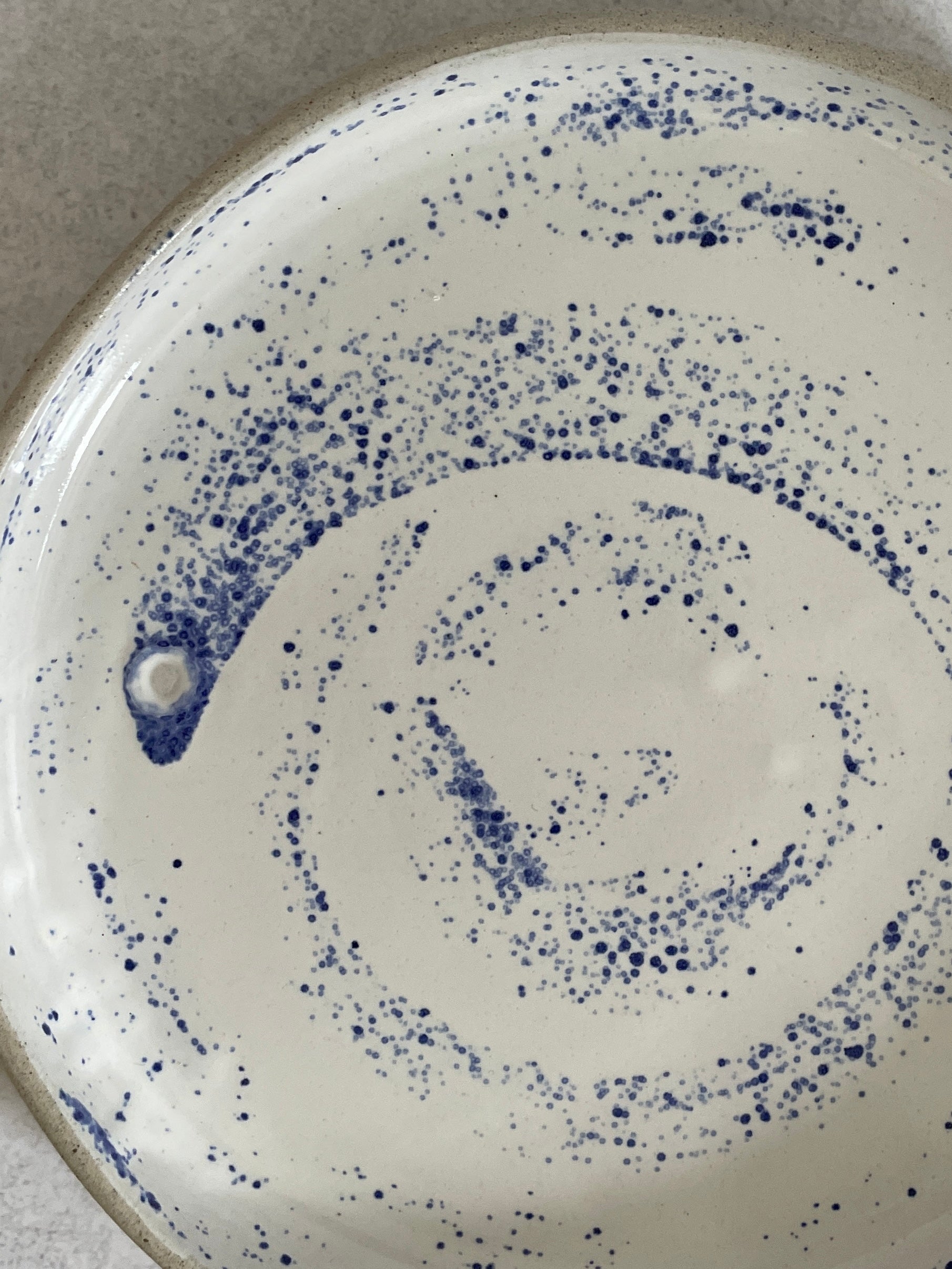 Ceramic plate with blue speckled pattern on a white background