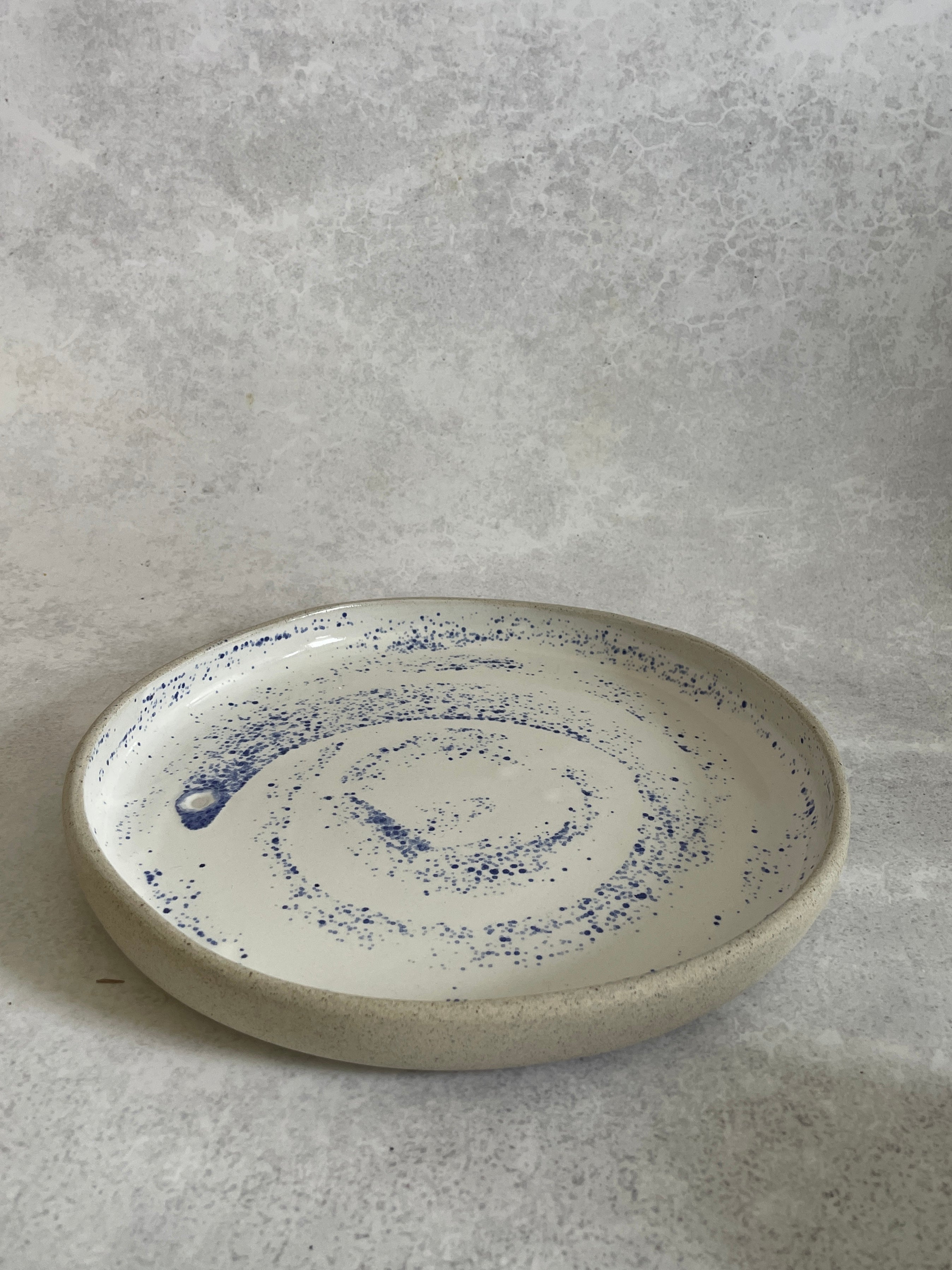 Ceramic plate with blue speckled design on a gray background